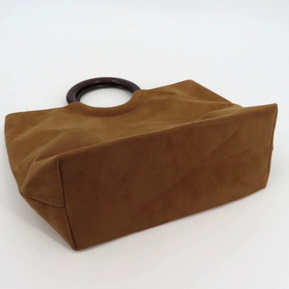 Embroidered Flower Flower Butterfly Tan Faux Suede Wood Handle Tote Bag Handbag - Picture 7 of 9